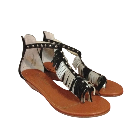 Matt Bernson Studded Fringed Sandals Black and White Suede Thong Wedge Sandals - Picture 2 of 12